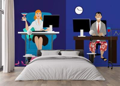 Man and woman having an online date, sitting at home in front of their computers, EPS 8 vector illustration Wall mural