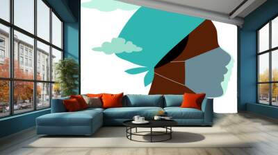 Profile of a female doctor or nurse in scrubs and face mask, clouds over her head, EPS 8 vector illustration, no transparencies Wall mural