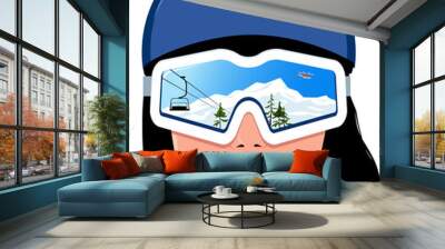 Reflection of a beautiful mountain landscape in the ski goggles of an amazed beautiful young woman in a helmet, no real product or person depicted, EPS 8 vector illustration Wall mural