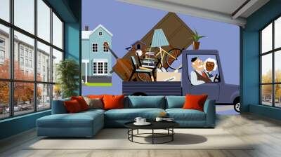 Senior couple moving their belongings from a big family house into a smaller home, EPS 8 vector illustration Wall mural