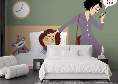 Stressed out working mother of a sick child receiving an urgent message on her phone, vector illustration, EPS 8 Wall mural