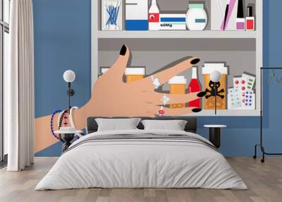 Teenage girl's hand reaching for a dangerous drug in a medicine cabinet, EPS 8 vector illustration Wall mural