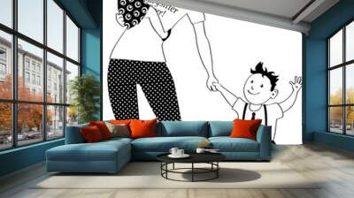 Teenage girl babysitter or nanny holding two little children, EPS 8 black vector line art, no white objects Wall mural