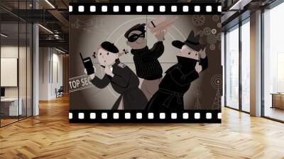 Three kids playing secret agents in an old movie frame, EPS 8 vector illustration Wall mural