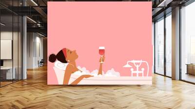 Woman taking a relaxing bubble bath and drinking red wine, side view, copy space above, EPS 8 vector illustration Wall mural