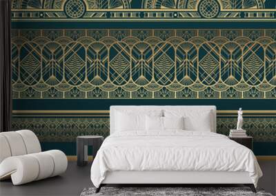 Gold art deco borders on dark turquoise background Wall mural