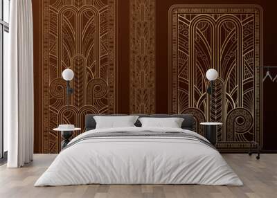 Gold art deco panel and border with ornament on dark background Wall mural