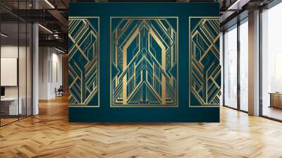 Gold art deco panels on dark turquoise background Wall mural