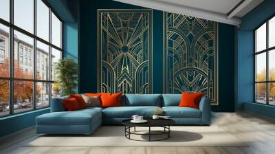 Gold art deco panels on dark turquoise background Wall mural