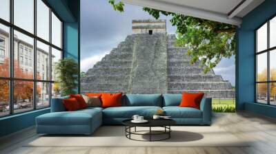 great Mayan pyramid in ancient city Chichen-Itza lost in the tropical jungle Wall mural