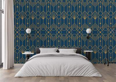 Seamless art deco blue and gold pattern Wall mural