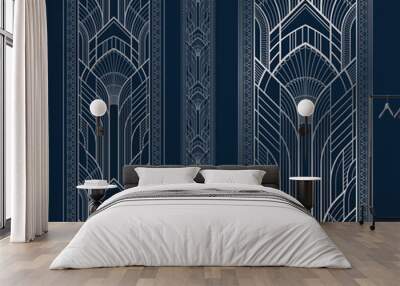 Silver art deco panel and border with ornament on dark blue background Wall mural