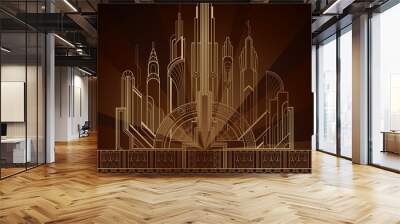 Stylized gold art deco illustration of the city on dark background Wall mural