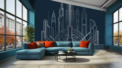 Stylized silver art deco illustration of the city on dark blue background Wall mural