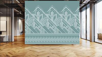 White art deco seamless border on turquoise background Wall mural