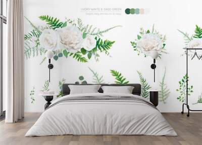 Elegant vector floral bouquet: Ivory white, creamy peony Rose flowers, silver sage Eucalyptus branches, greenery leaves, ferns, green asparagus. Wedding editable watercolor style designer elements set Wall mural