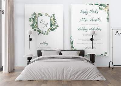 Wedding double invite, invitation, save the date card floral design. Botanical monogram: creamy wax flower, Eucalyptus  green branches,  greenery leaves wreath & dusty blue frame. Elegant tamplate set Wall mural