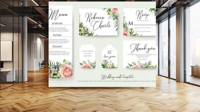 Wedding floral invite thank you, rsvp label cards Design with lavender pink violet garden rose, green palm leaf greenery eucalyptus branches decoration. Vector elegant watercolor rustic template set Wall mural