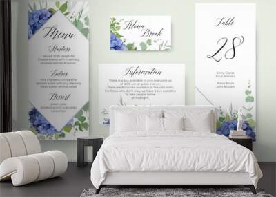 Wedding floral personal menu, place, information, table number card design set with elegant blue hydrangea flowers, white garden roses, green eucalyptus, lilac branches, greenery leaves & cute berries Wall mural