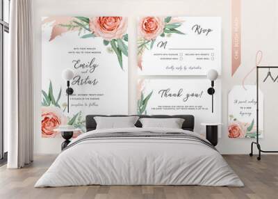 Wedding invite, rsvp, thank you card floral design. Blush peach Roses, white astrania flowers, green asparagus fern, eucalyptus leaves, cinnamon rose gold art brush stroke. Trendy elegant editable set Wall mural