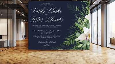 Wedding invite, save the date card delicate design with white orchid flowers, greenery eucalyptus, tropical forest palm green leaves decoration. Elegant, beauty vector template on dark blue background Wall mural