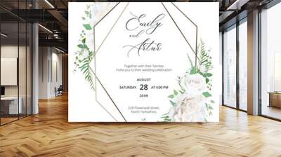 Wedding trendy elegant invite, save the date, greeting, thank you card, floral design. Pale ivory White peony Rose flowers, sage green herbs, Eucalyptus branches, greenery & geometrical metallic frame Wall mural