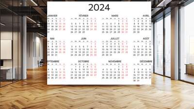 2024 french calendar. Printable, editable vector illustration for France. 12 months year calendrier Wall mural