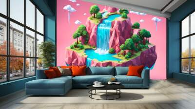 3D isometric low poly island with waterfall. 3d rendering illustration for crafting designs backgrounds Wall mural