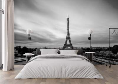 a black and white photo of the eiffel tower - France Wall mural