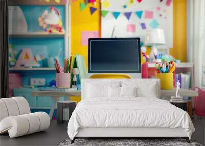 A bright yellow chair sits in front of a desk with colorful supplies and a computer in a colorful classroom setting Wall mural