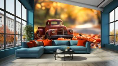 A classic truck rests on a leaf-covered pathway, with cheerful pumpkins nearby, all illuminated by the warm glow of autumn sunlight in the serene countryside Wall mural