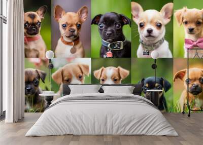 A collage of adorable puppies wearing bow ties, set against a lush green garden backdrop. Each puppy's unique expression adds to the charm of the scene Wall mural