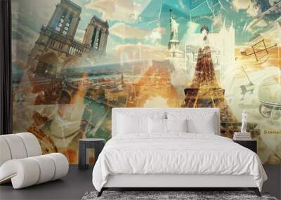 A collage of iconic Parisian landmarks, capturing the citys beauty and history Wall mural