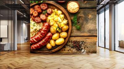 A hearty platter showcases delicious sausages, tender potatoes, and tangy sauerkraut, inviting taste buds to enjoy a warm, comforting meal Wall mural