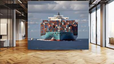 A Loaded Container Cargo Ship is Seen Ahead Above The Ocean. Generative AI Wall mural