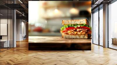 A mouthwatering sandwich filled with crisp lettuce, ripe tomato, and savory meat rests on a rustic wooden surface, illuminated by warm afternoon light Wall mural