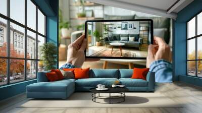 A person holds a tablet displaying a modern living room interior design featuring a grey sofa, a coffee table, and a patterned rug Wall mural