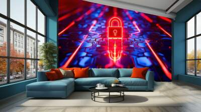 A red padlock stands out against a futuristic background of glowing blue and red lines, creating a visually striking representation of digital security Wall mural