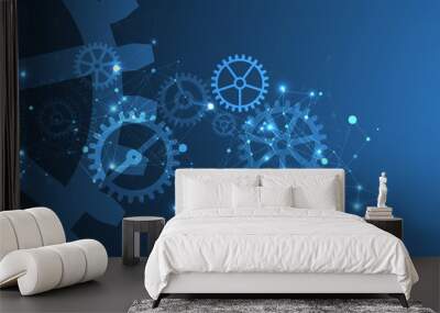 Abstract blue technological background. Structure square pattern with cogwheels and plexus effect. Vector Wall mural