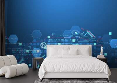 Abstract circuit board and hexagons on gradient color background. Hi-tech digital technology concept. Wall mural