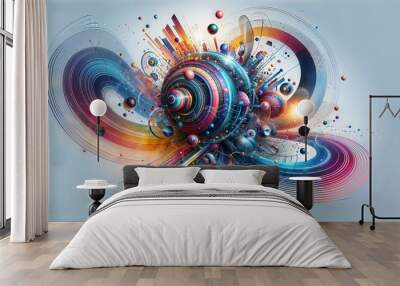 Abstract dynamic composition with swirling elements and spheres, suggesting a fusion of art and technology. Wall mural