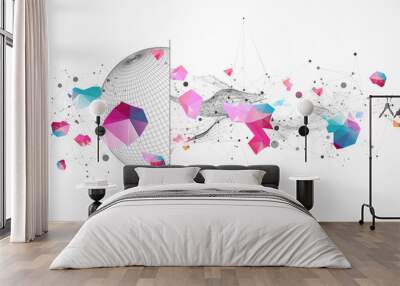 Abstract geometric 3d sphere/half-sphere made of points and lines. Futuristic art technology style. Wall mural