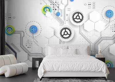 Abstract technology cogwheel concept. Circuit board, high computer color background. Vector illustration with space for content, web - template, business tech presentation. Wall mural