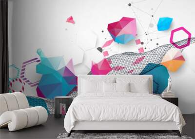 Abstract wave with colorful hexagons and plexus effect. Scientific and technological background. Vector. Wall mural