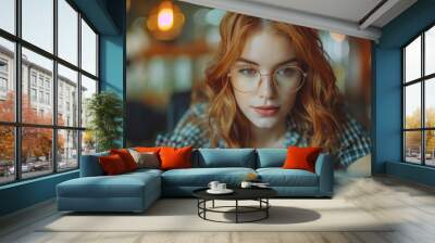 A young red-haired woman is working at a laptop, the background is blurred. Wall mural