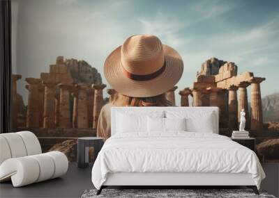 A young woman in a straw hat looks at the ancient city of Agrigento in Sicily, Italy.AI. Wall mural