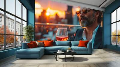 Conceptual photo of the luxurious life of rich people. Adult successful elegant businessman wearing a suit and drinking wine on the roof of a luxury penthouse in New York. Wall mural