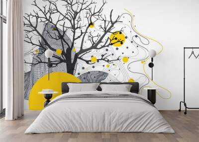 Art concept. Abstract mountains forms with Silhouette of a tree. Wall mural