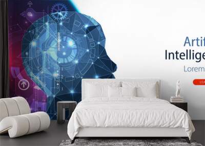 Artificial intelligence (AI) and big data concept. Machine cyber mind.  Humen face with binary data flow. Technology vector background. Wall mural