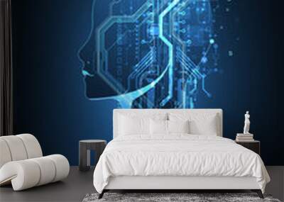 Artificial Intelligence. Technical background with a silhouette of a man. Big data concept. Machine cyber mind. Wall mural